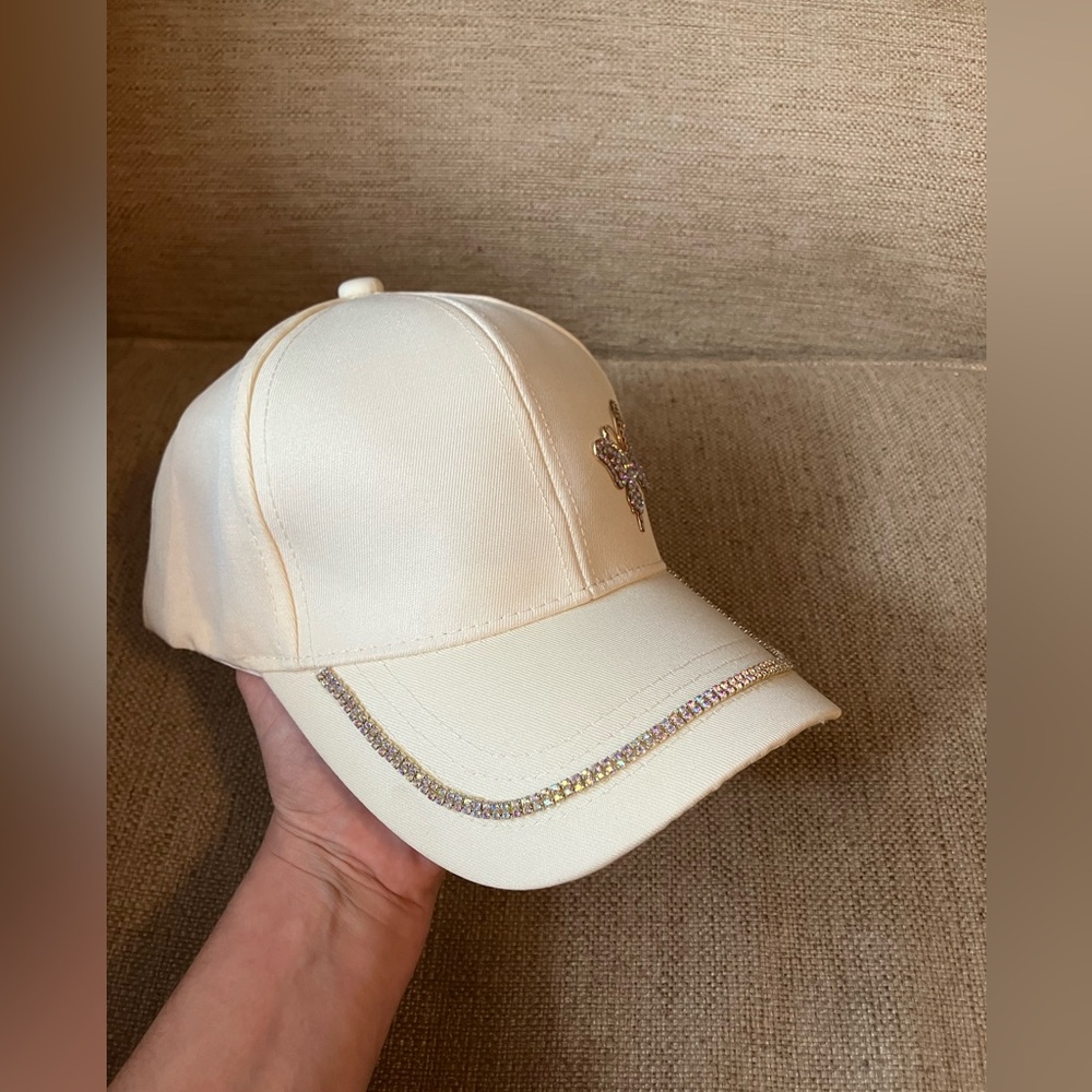 White hat with rhinestone butterfly and trim - Picture 2 of 8
